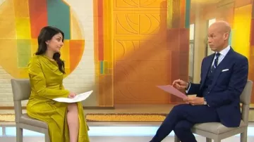Vestido Simkhai Odessa que lleva Celine Gounder, visto en CBS Mornings el 8 de mayo de 2026