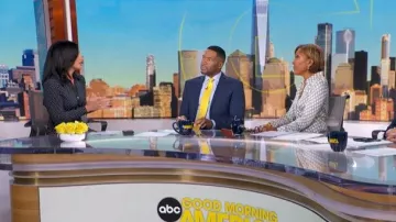 Michael Kors Polka Dot Ruched Snap Midi Dress worn by Tara Narula as seen in Good Morning America on May 11, 2026