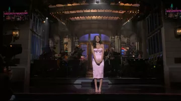 Aquazzura Pink Satin Crystal Embellished Tell Me Ankle Strap Sandals worn by Olivia Rodrigo as seen in Saturday Night Live (S51E18)