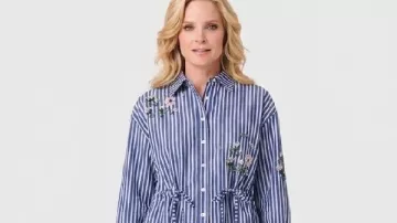 The View Sara Haines Blue Floral Embroidered Striped Shirt as seen in The View