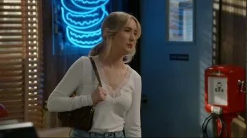 Re Done Lace V Neck Long Sleeve Tee worn by Kelli (Jenna Ebersberger) as seen in Georgie & Mandy's First Marriage (S02E19)