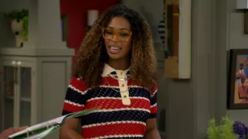 Aqua Striped Short Sleeved Rugby Sweater worn by Courtney (Skye Townsend) as seen in The Neighborhood (S08E19)