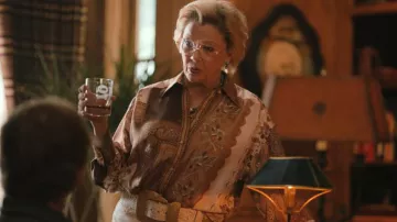Zimmermann Luna Printed Silk Button Front Shirt worn by Beulah Jackson (Annette Bening) as seen in Dutton Ranch (S01E02)