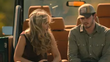 Nia Bleu Checker Sleeveless V Neck Smocked Top worn by Oreana (Natalie Alyn Lind) as seen in Dutton Ranch (S01E02)