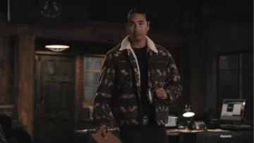 Wrangler Men's Southwestern Print Sherpa Lined Trucker Jacket worn by Miles Kittle (Tatanka Means) as seen in Marshals (S01E11)