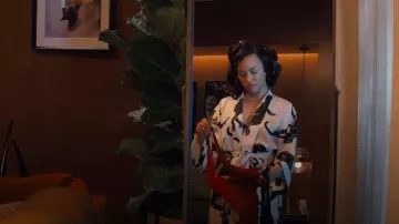 Olivia von Halle Silk Panther Print Sabine Robe worn by Ebony Wilder (Cleopatra Coleman) as seen in Nemesis (S01E03)