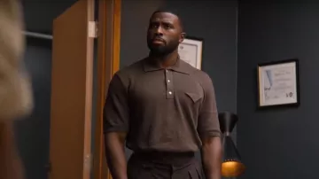 Bottega Veneta Slim Fit Polo Shirt 'Dark Brown Melange worn by Coltrane Wilder (Y'lan Noel) as seen in Nemesis (S01E04)