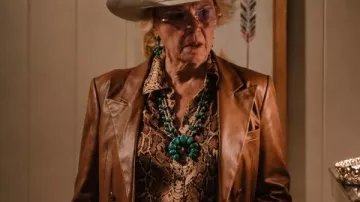 Dutton Ranch 2026 Annette Bening Brown Leather Blazer worn by Beulah Jackson (Annette Bening) as seen in Dutton Ranch