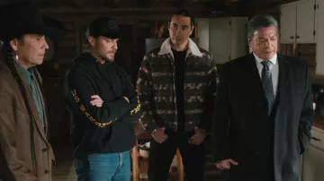 Wrangler Men's Southwestern Print Sherpa Lined Trucker Jacket worn by Miles Kittle (Tatanka Means) as seen in Marshals (S01E13)