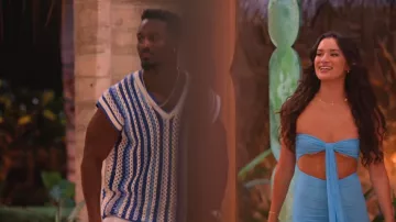 White Fox Boutique Inner Goddess Lace Maxi Dress Blue worn by Natalie Cruz as seen in Perfect Match (S04E07)