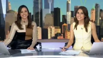 Karen Millen Slinky Rib Knit Colour Block Top worn by as seen in Good Morning America on May 28, 2026