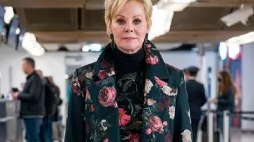 Hacks S05 Jean Smart Black Floral Coat worn by Deborah Vance (Jean Smart) as seen in Hacks