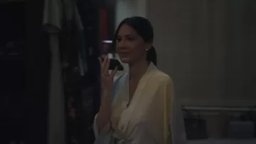 Olivia Von Halle White Watercolor Print Silk Robe worn by Samantha 'Sam' Levitt (Olivia Munn) as seen in Your Friends & Neighbors (S02E09)