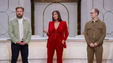 Temperley London Clove Velvet Waisted Trousers worn by Padma Lakshmi as seen in America's Culinary Cup (S01E03)
