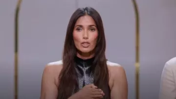 Courrèges Sleeveless Vinyl a-line Dress worn by Padma Lakshmi as seen in America's Culinary Cup (S01E07)