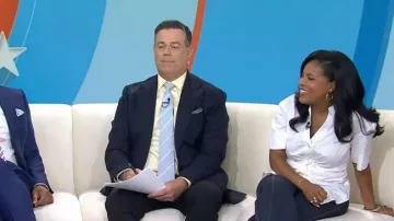 Veronica Beard Devra Ruched Shirt worn by Sheinelle Jones as seen in Today on  June 2, 2026