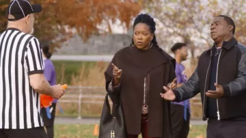 Benaar LA Adira Asymmetrical Cape Jacket worn by Monica Reese-Dinkins (Erika Alexander) as seen in The Fall and Rise of Reggie Dinkins (S01E09)