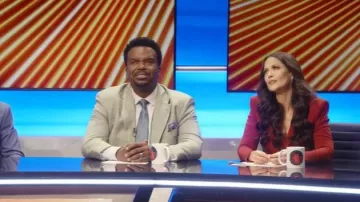 Generation Love Clothing Vera Crepe Blazer worn by Panelist (Katie McCarty) as seen in The Fall and Rise of Reggie Dinkins (S01E09)