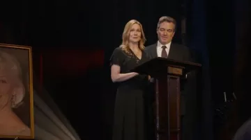 Tahari ASL Black and Gold Floral Embroidery Midi Dress worn by Kristen Forrest Bean (Laura Linney) as seen in American Classic (S01E02)