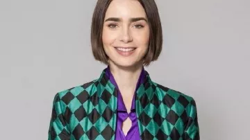Emily In Paris S06 Lily Collins Diamond Print Cropped Jacket worn by Emily Cooper (Lily Collins) as seen in Emily in Paris (S06)
