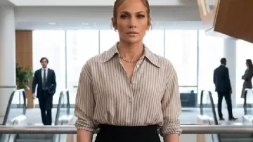 Jennifer Lopez Office Romance 2026 Striped Shirt worn by Jackie Cruz (Jennifer Lopez) as seen in Office Romance
