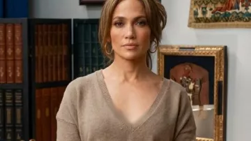Office Romance 2026 Jennifer Lopez V Neck Sweater worn by Jackie Cruz (Jennifer Lopez) as seen in Office Romance