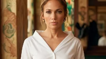 Office Romance Jennifer Lopez White Shirt worn by Jackie Cruz (Jennifer Lopez) as seen in Office Romance