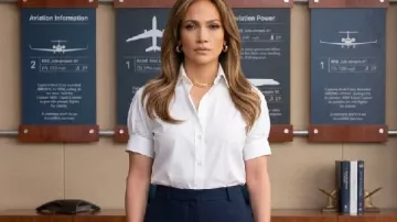Office Romance 2026 Jennifer Lopez White Shirt worn by Jackie Cruz (Jennifer Lopez) as seen in Office Romance