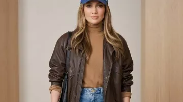 Office Romance Jennifer Lopez Brown Leather Jacket worn by Jackie Cruz (Jennifer Lopez) as seen in Office Romance