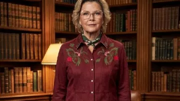 Dutton Ranch Annette Bening Red Floral Embroidered Shirt worn by Beulah Jackson (Annette Bening) as seen in Dutton Ranch (S01)