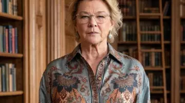 Dutton Ranch 2026 Annette Bening Silk Western Print Blouse worn by Beulah Jackson (Annette Bening) as seen in Dutton Ranch (S01E09)