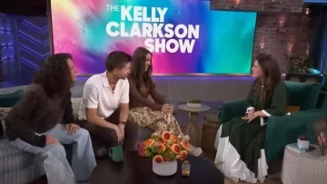 Lovebirds Jade Belted Colorblock Handkerchief Midi Skirt worn by Kelly Clarkson as seen in The Kelly Clarkson Show on June 4, 2026