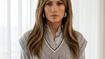 Office Romance Jennifer Lopez Embellished Sweater Vest worn by Jackie Cruz (Jennifer Lopez) as seen in Office Romance