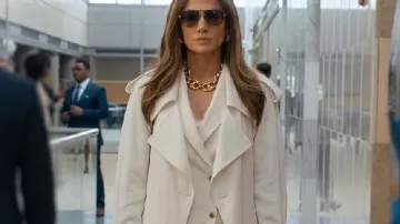 Office Romance 2026 Jennifer Lopez White Trench Coat worn by Jackie Cruz (Jennifer Lopez) as seen in Office Romance