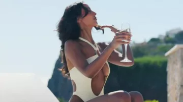 Ego Keyhole Cut Out Trim Detail High Leg Swimsuit In White worn by Maya Jama as seen in Love Island (S13E01)