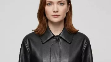 Eleanor Tomlinson The Fortune 2026 Black Leather Jacket worn by Amanda Blakefield (Eleanor Tomlinson) as seen in The Fortune (S01)
