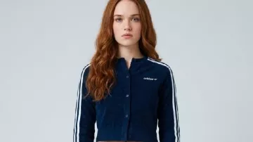 Every Year After 2026 Percy Fraser Navy Striped Cardigan worn by Percy Fraser (Sadie Soverall) as seen in Every Year After (S01)