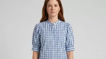 Maddie Townsend Sweet Magnolias S05 Puff Sleeve Plaid Shirt worn by Maddie Townsend (JoAnna Garcia) as seen in Sweet Magnolias (S05)