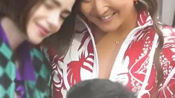 Emily In Paris S06 BTS Mindy Chen Printed High Neck Jacket