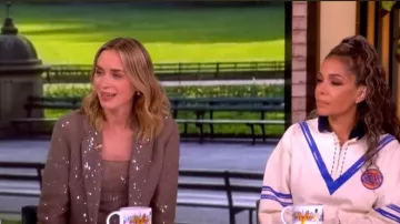 Brunello Cucinelli Dazzling Cascade Embroidery Cropped Top worn by Emily Blunt as seen in The View on June 12, 2026