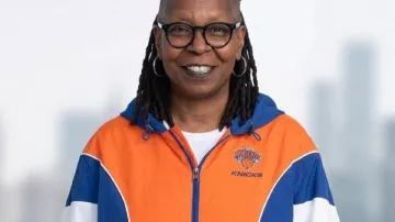 The View Whoopi Goldberg Knicks Colorblock Jacket worn by Whoopi Goldberg as seen in The View