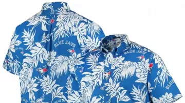 Toronto Blue Jays Hawaiian Shirt worn by Shane Komine in Toronto Blue Jays Coconut Tree Sunset Blue Hawaiian Shirt