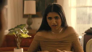 L'Agence Women's Blue Agence Poppie Off Shoulder Thong Bodysuit worn by Abhinaya 'Abby' Chilukuri (Avantika Vandanapu) as seen in Not Suitable for Work (S01E06)