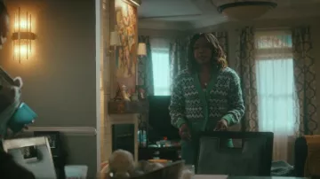Panache Collection Ivory, Black & Green Patterned Cardigan worn by Tracy Roxboro (Tai Davis) as seen in The Chi (S08E02)
