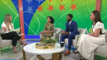 Me + Em Fit + Flare Maxi Dress llevado por Eva Pilgrim, visto en CBS Mornings el 11 de junio de 2026