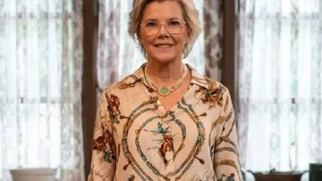 Beulah Jackson Dutton Ranch Horse Print Button Down Blouse worn by Beulah Jackson (Annette Bening) as seen in Dutton Ranch (S01)