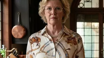 Dutton Ranch Beulah Jackson Printed Blouse worn by Beulah Jackson (Annette Bening) as seen in Dutton Ranch (S01)