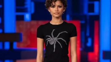 Spiderman BND Press Tour Zendaya Black T-Shirt worn by MJ (Zendaya) as seen in Spider-Man: Brand New Day
