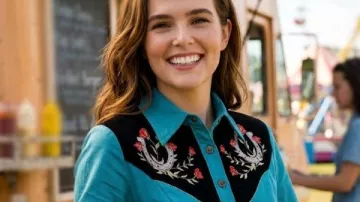 Voicemails for Isabelle 2026 Zoey Deutch Blue Dress worn by Jill Shaw (Zoey Deutch) in Voicemails for Isabelle