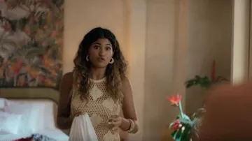 Sandro Fishy Crochet Dress worn by Leo (Amanda Palomino) as seen in Oasis Resort (S01E03)